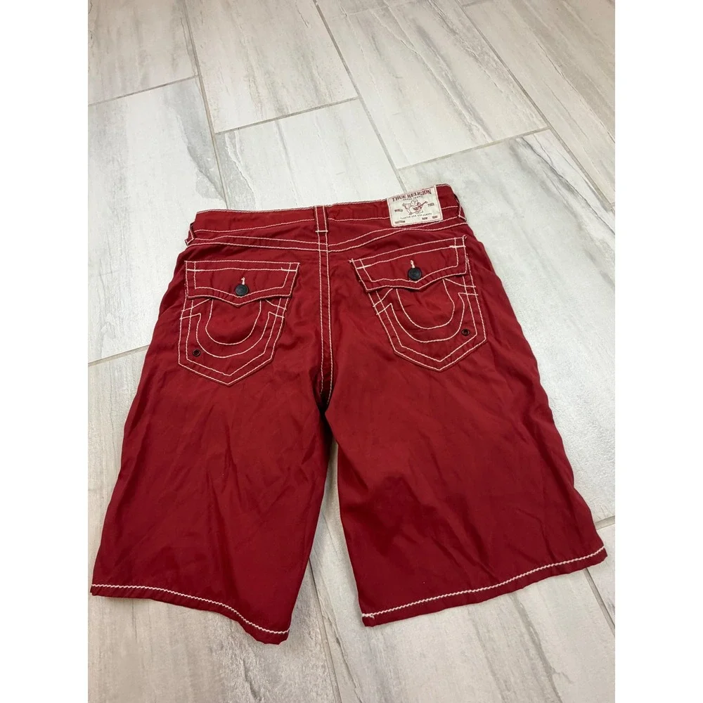 True Religion Ricky Relaxed Straight Red Shorts White Contrast Stitch Mens 33